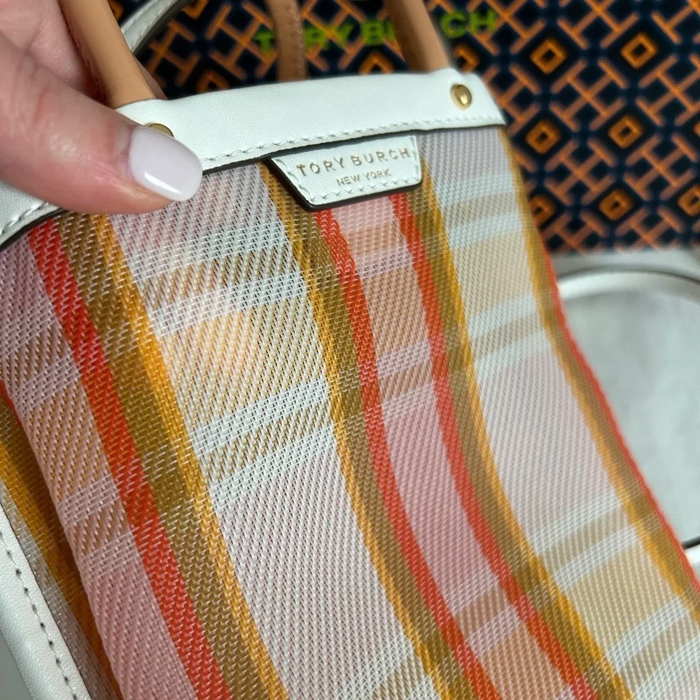 Tory Burch Mini Perry Mesh Tote Canyon Flower Plaid White Pink Tan Yellow Gold
